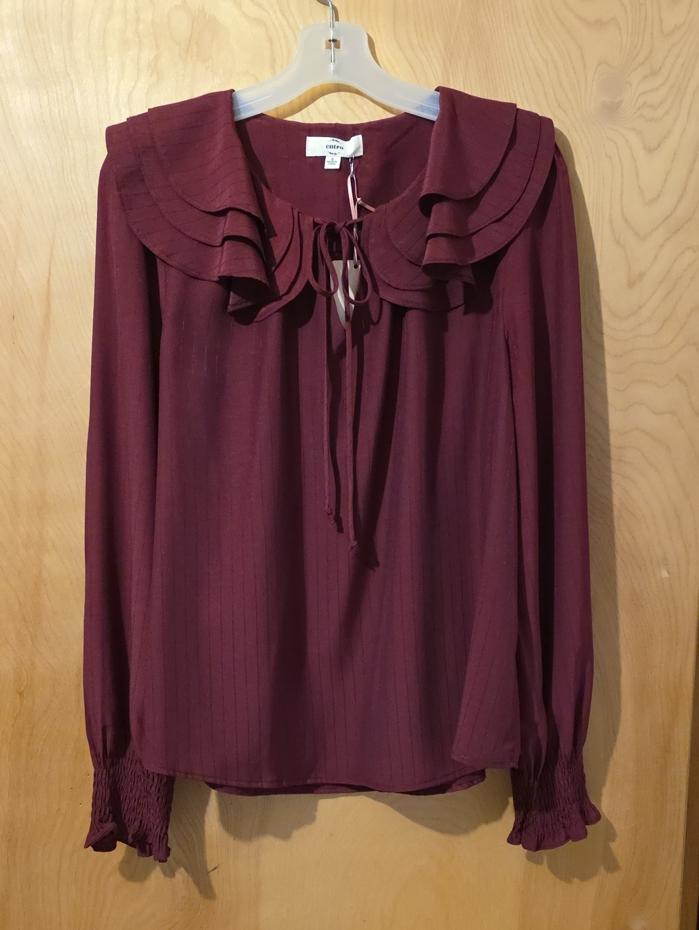 Entro Layered Ruffle Tie-Neck Long Sleeved Blouse Maroon Small NWT